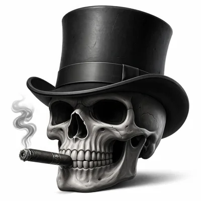 Human Skull Wearing Top Hat Smoking A Cigar