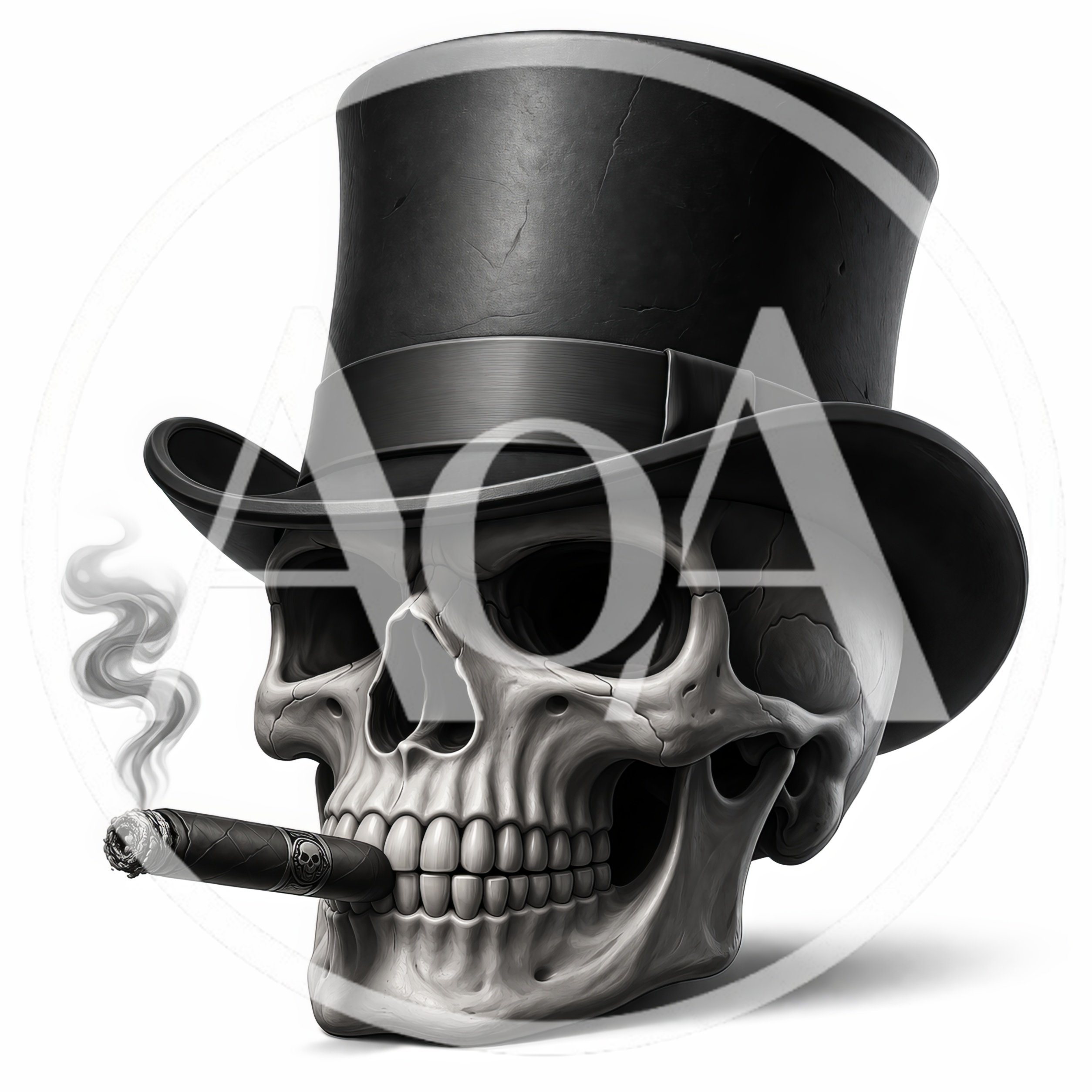 Human Skull Wearing Top Hat Smoking A Cigar