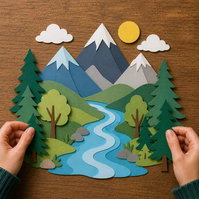 Hands Assembling A Paper Craft Mountain Landscape