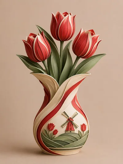 Papercraft Tulip Bouquet in Decorative Windmill Vase