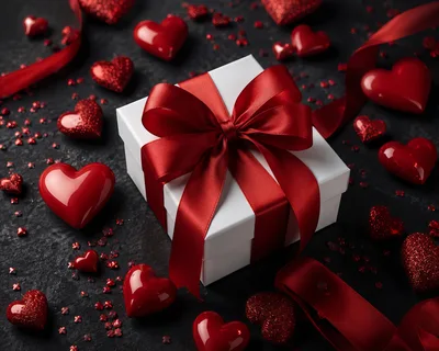White Gift Box With Red Ribbon And Hearts
