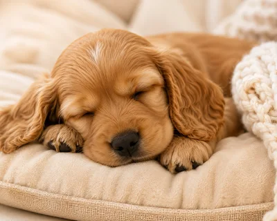 Adorable Golden Cocker Spaniel Puppy Sleeping On A Cushion