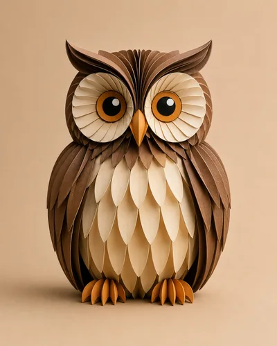 Paper Craft Owl Sculpture On Neutral Background