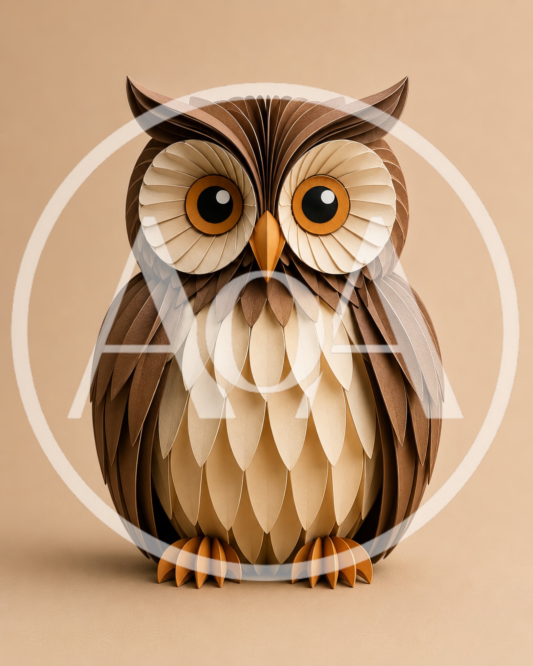 Paper Craft Owl Sculpture On Neutral Background