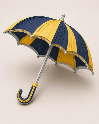 3D Rendered Yellow and Blue Striped Umbrella