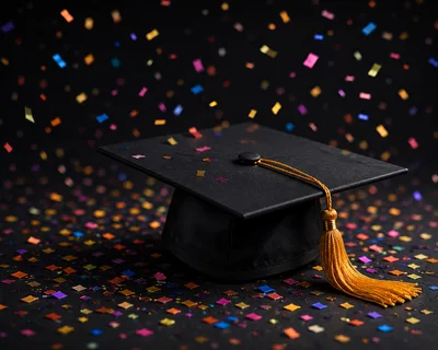 Black Graduation Cap With Gold Tassel And Confetti