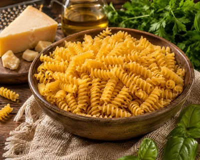 Bowl Of Raw Fusilli Pasta With Parmesan And Herbs