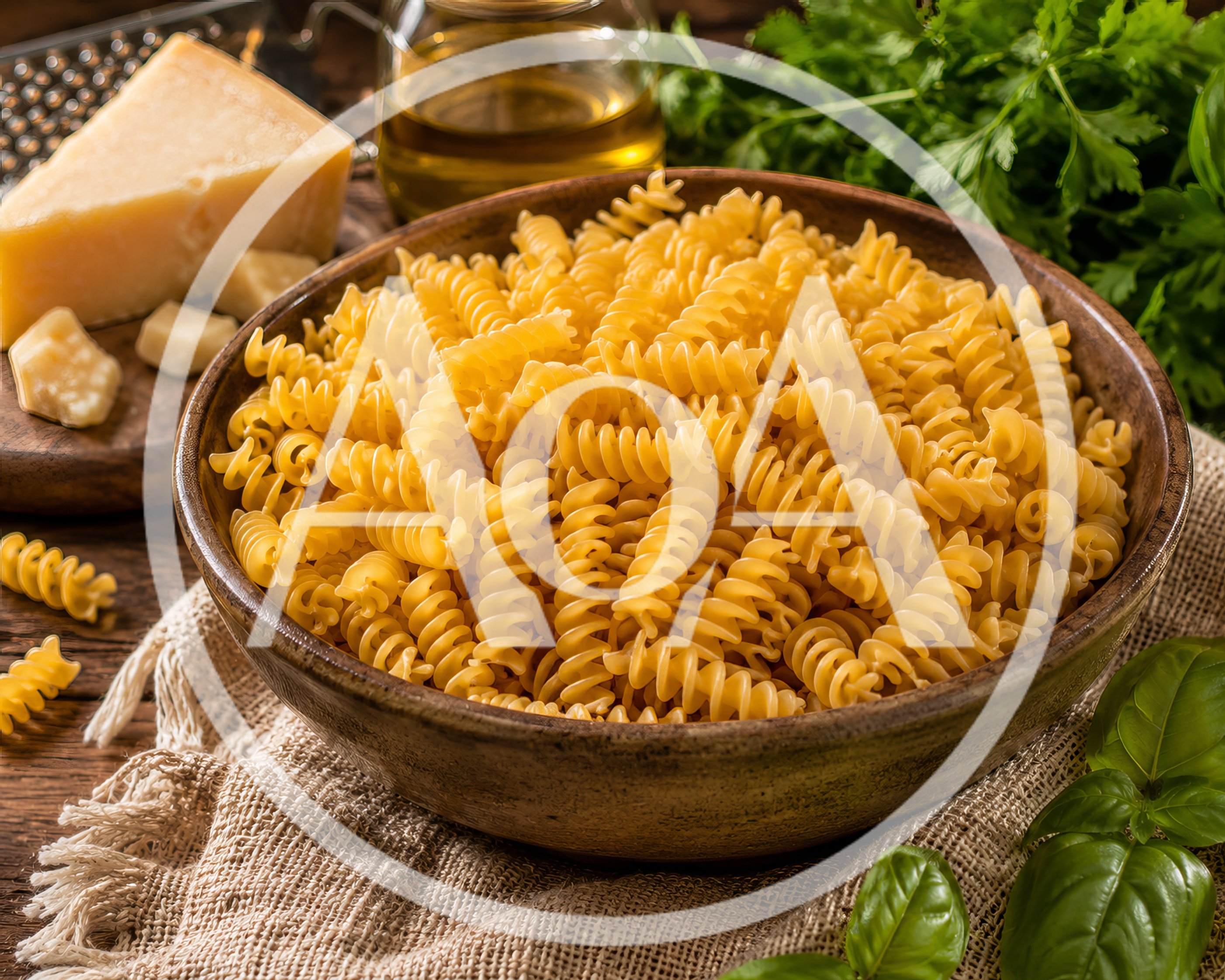 Bowl Of Raw Fusilli Pasta With Parmesan And Herbs