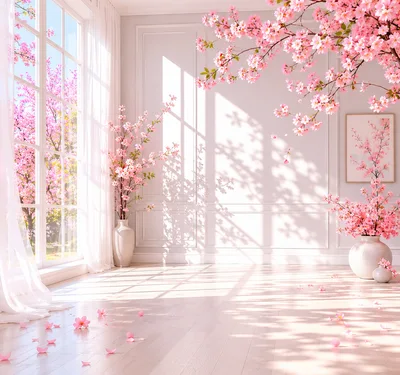 Sunlit Room With Cherry Blossom Branches And Petals