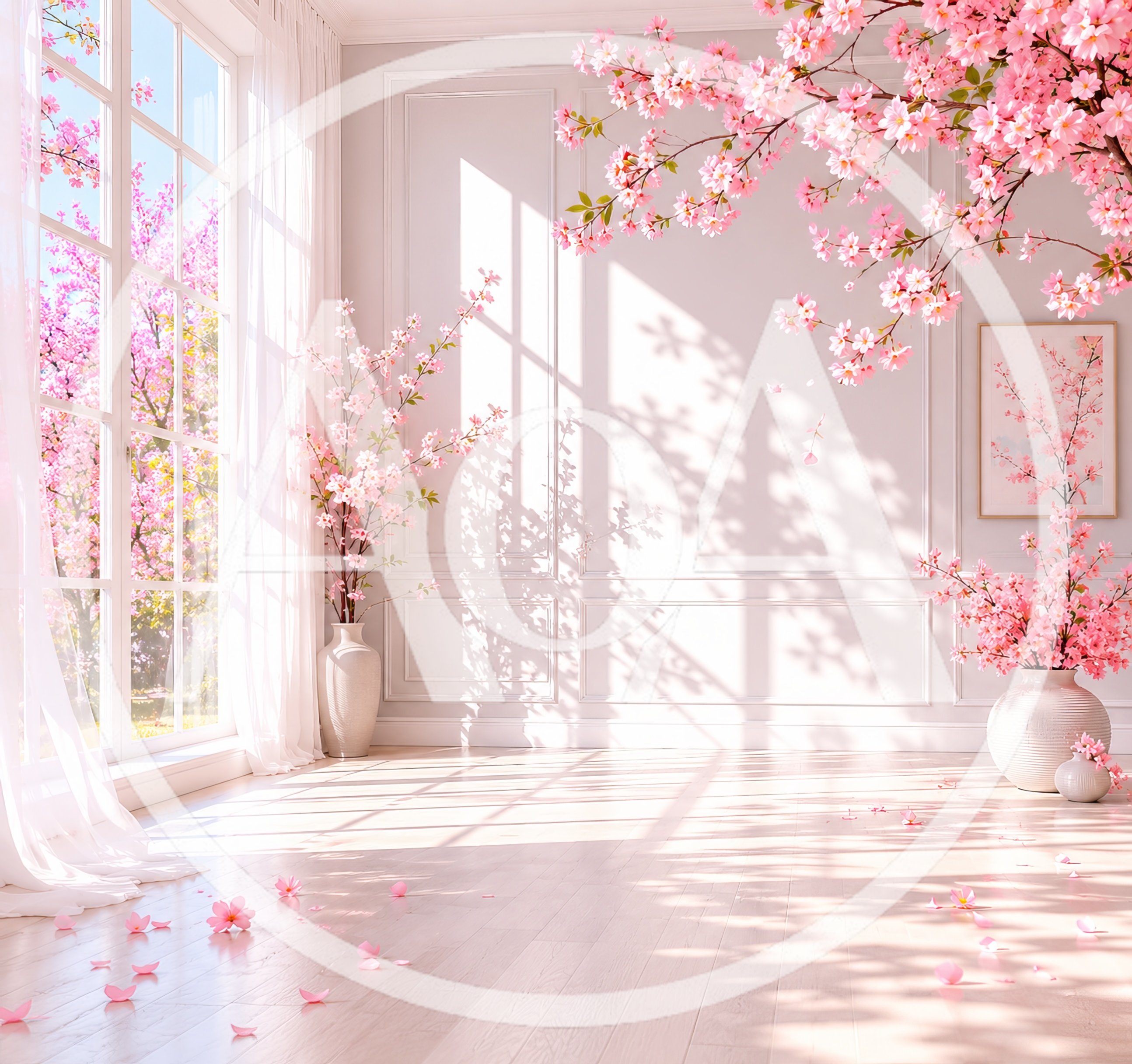 Sunlit Room With Cherry Blossom Branches And Petals