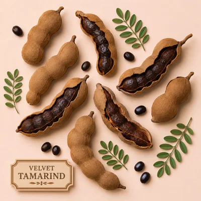 Top View Of Velvet Tamarind Pods And Leaves