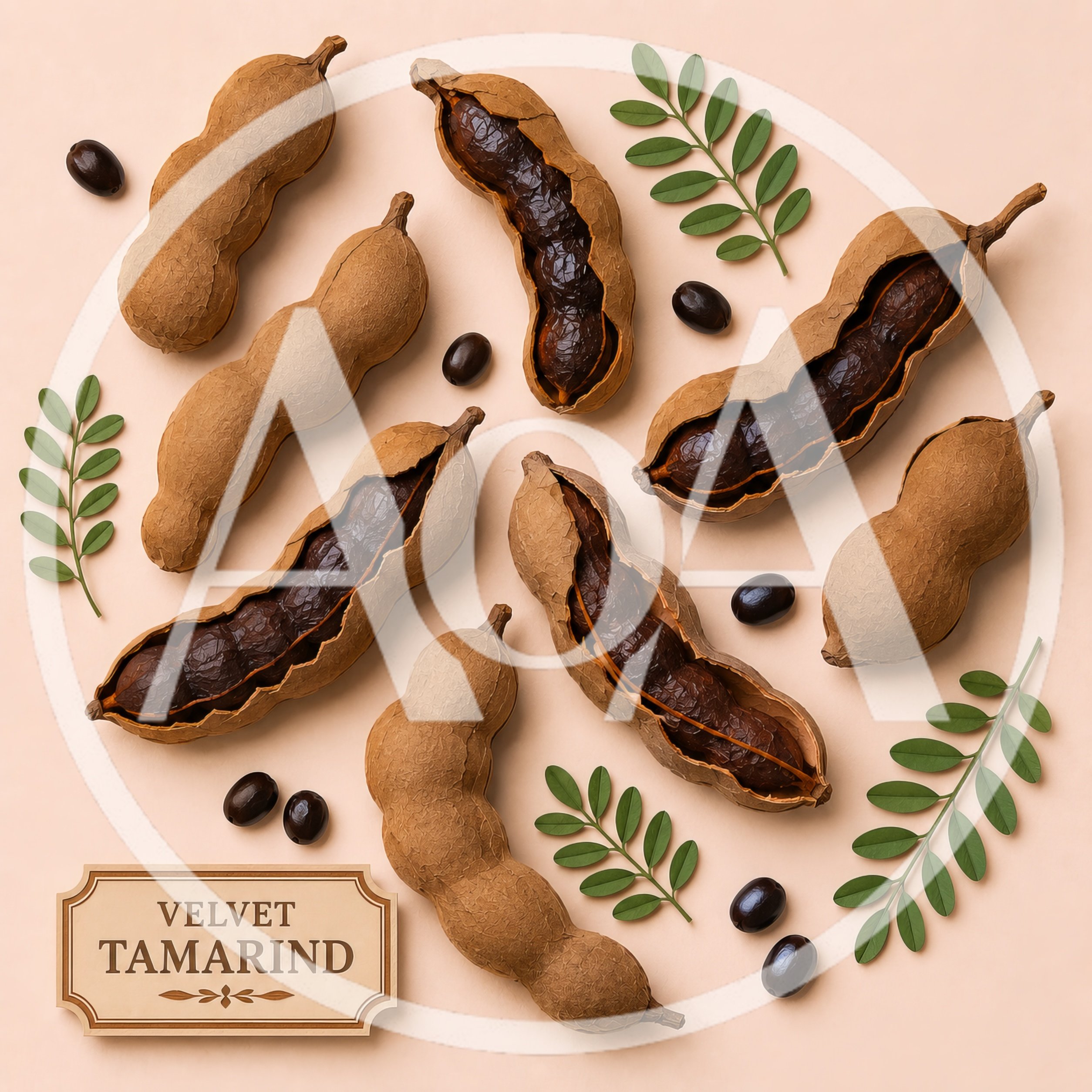Top View Of Velvet Tamarind Pods And Leaves