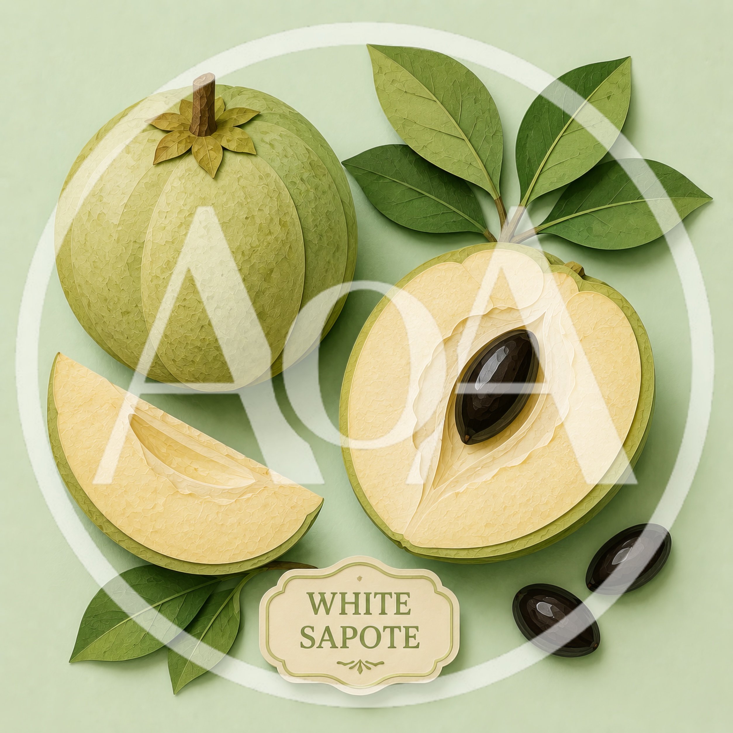 White Sapote Fruit Composition With Leaves And Seeds