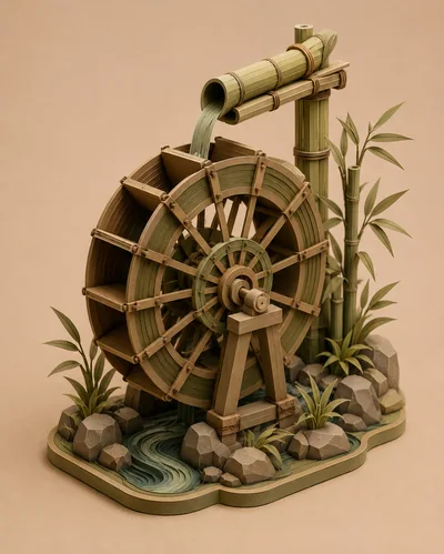 Miniature Bamboo Water Wheel Sculpture