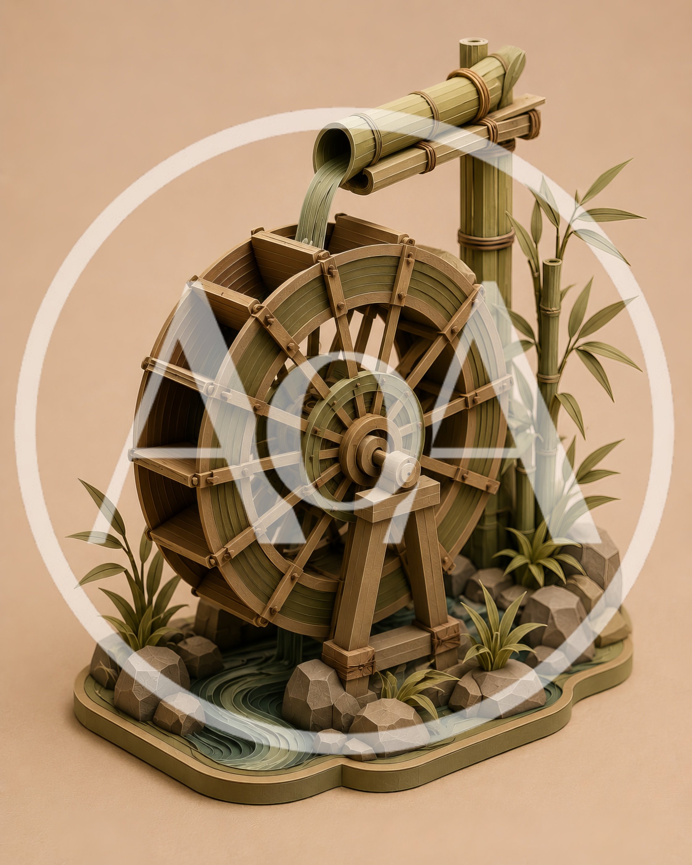 Miniature Bamboo Water Wheel Sculpture