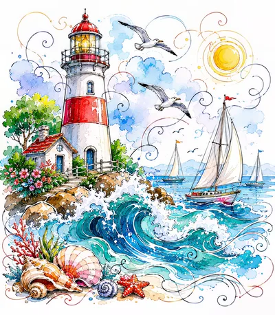 Watercolor Illustration of a Coastal Lighthouse and Sailboats