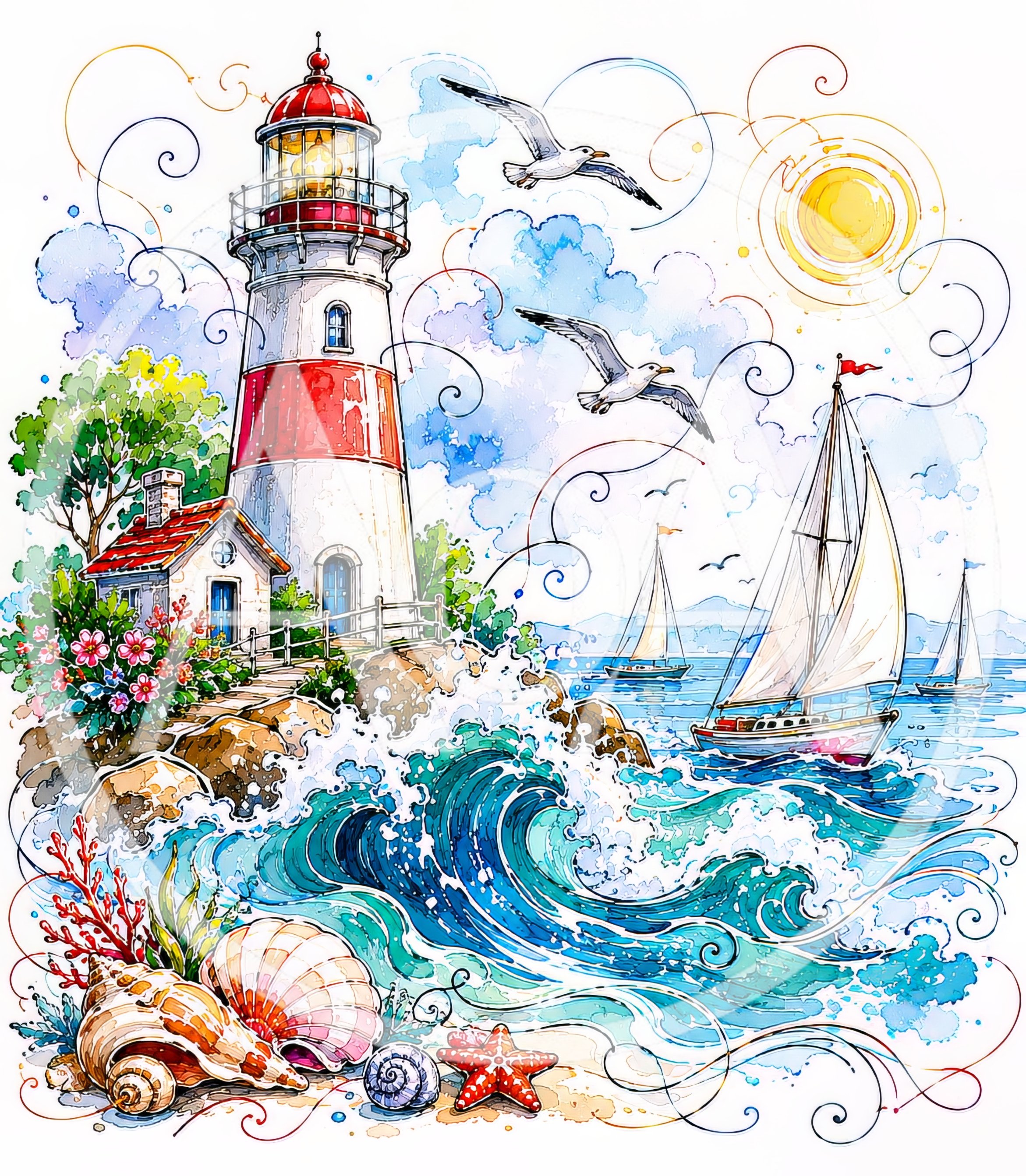 Watercolor Illustration of a Coastal Lighthouse and Sailboats