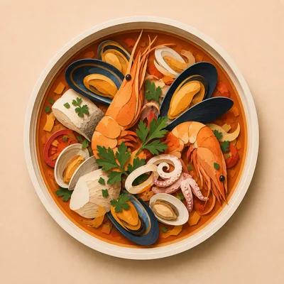 Paper Cutout Style Seafood Stew Illustration