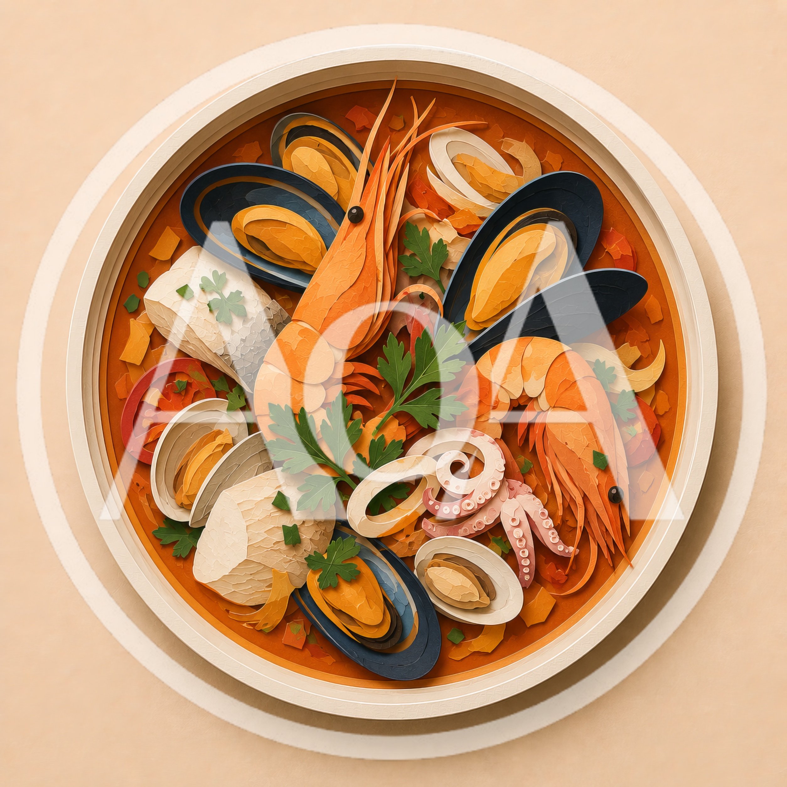Paper Cutout Style Seafood Stew Illustration