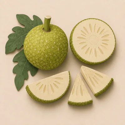 Whole And Sliced Breadfruit With Green Leaves