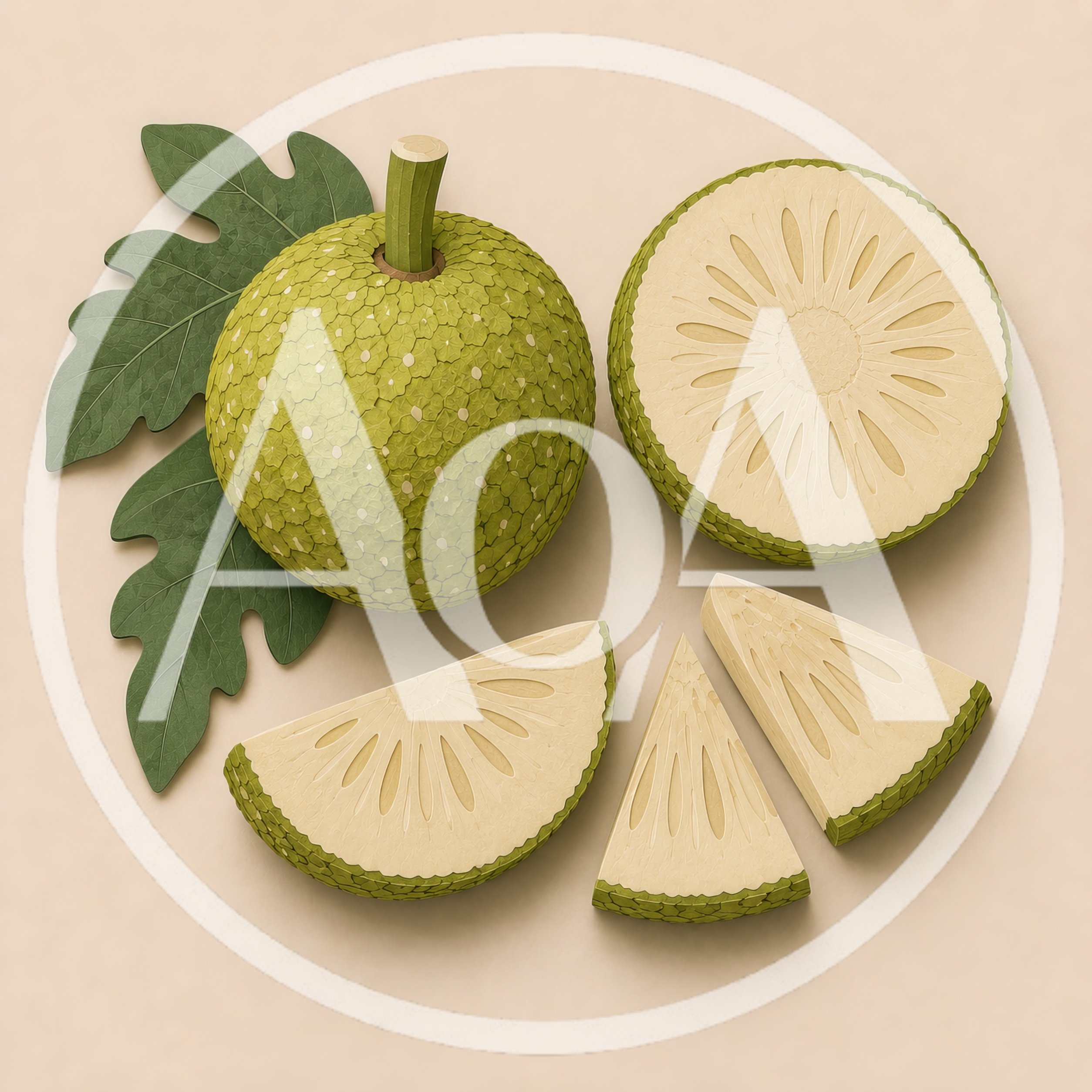 Whole And Sliced Breadfruit With Green Leaves