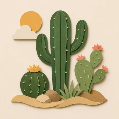 Paper Cutout Style Desert Cactus Landscape Illustration