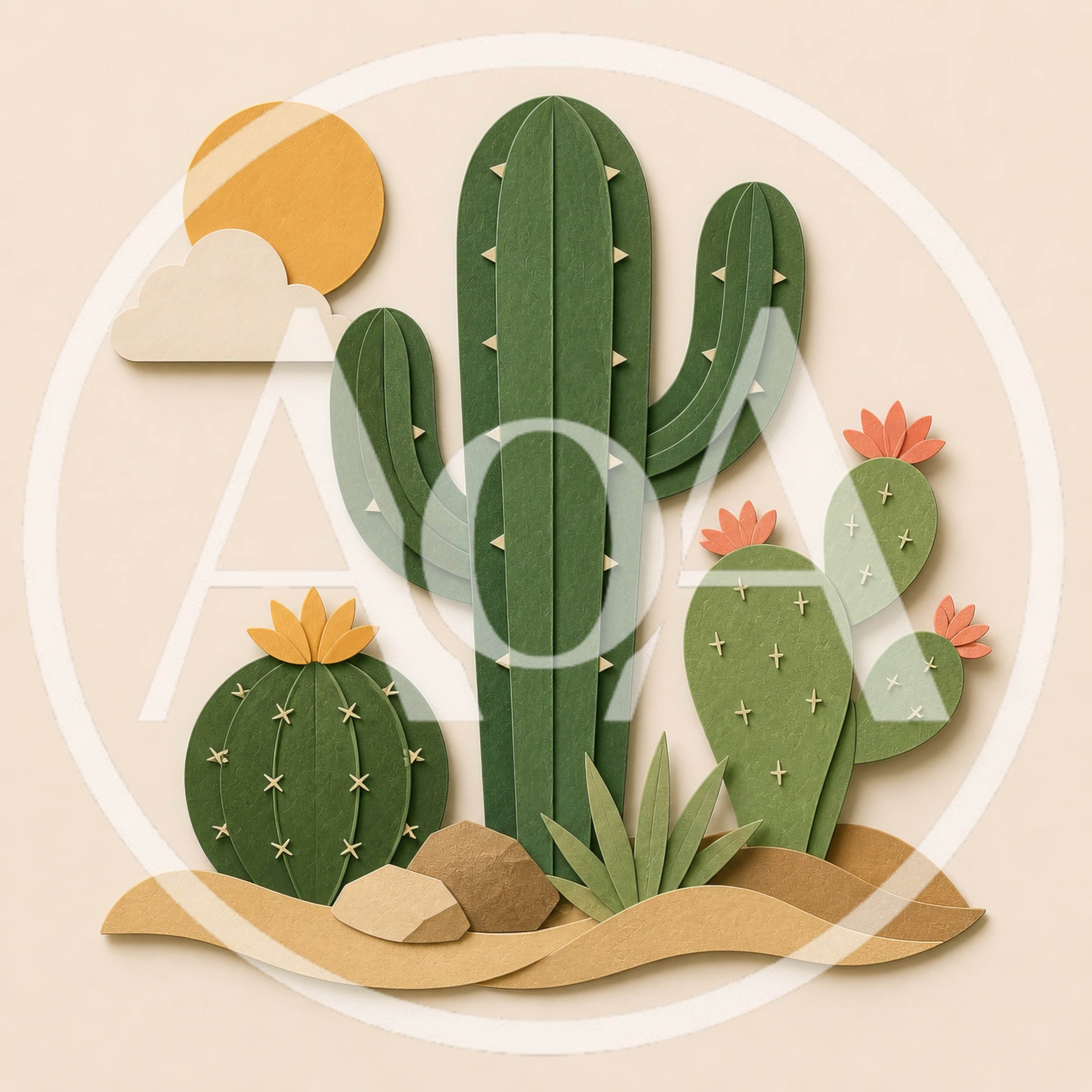 Paper Cutout Style Desert Cactus Landscape Illustration