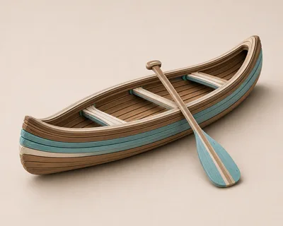 Layered Wooden Canoe Model With Paddle