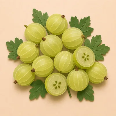 Fresh Green Gooseberries With Leaves On Beige Background