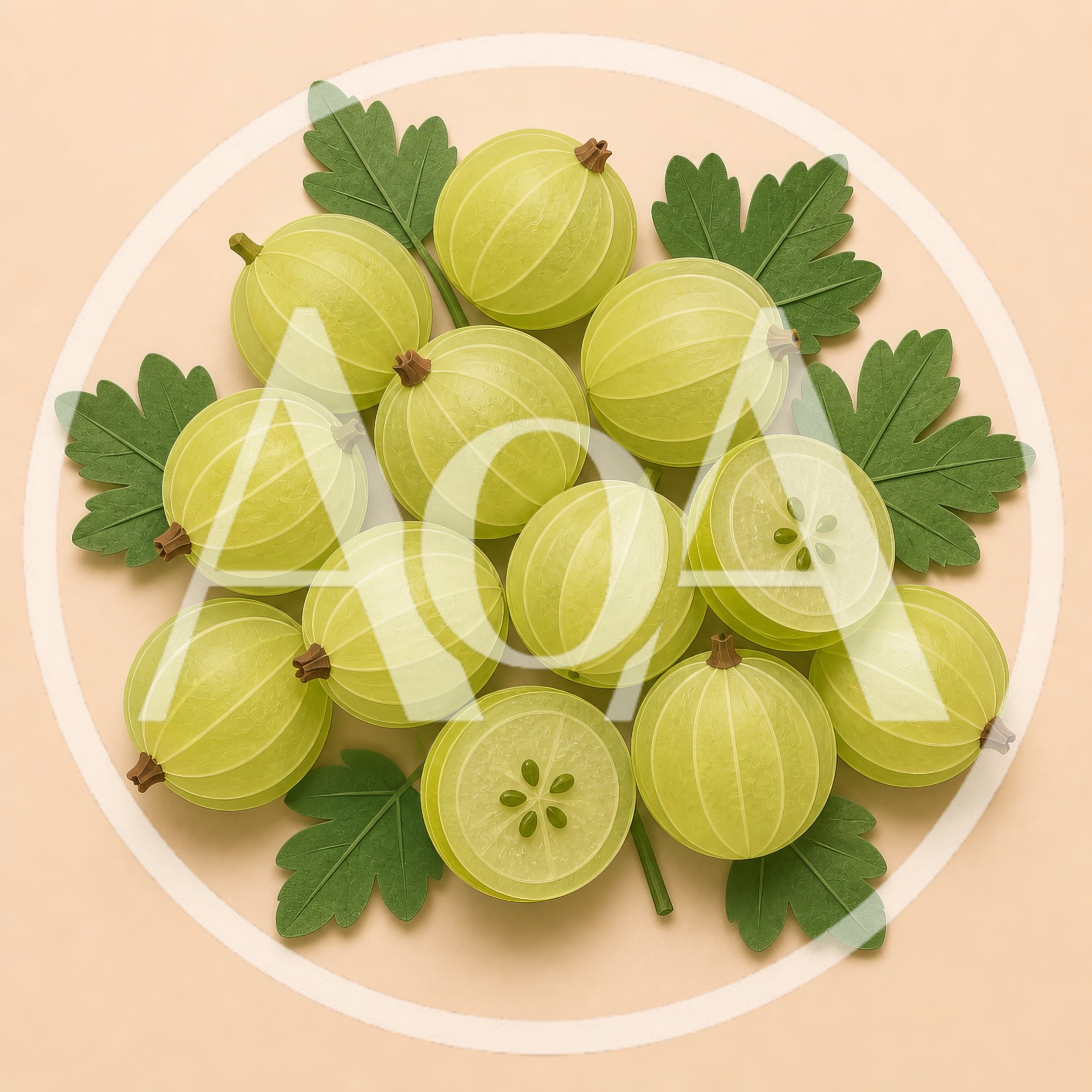 Fresh Green Gooseberries With Leaves On Beige Background