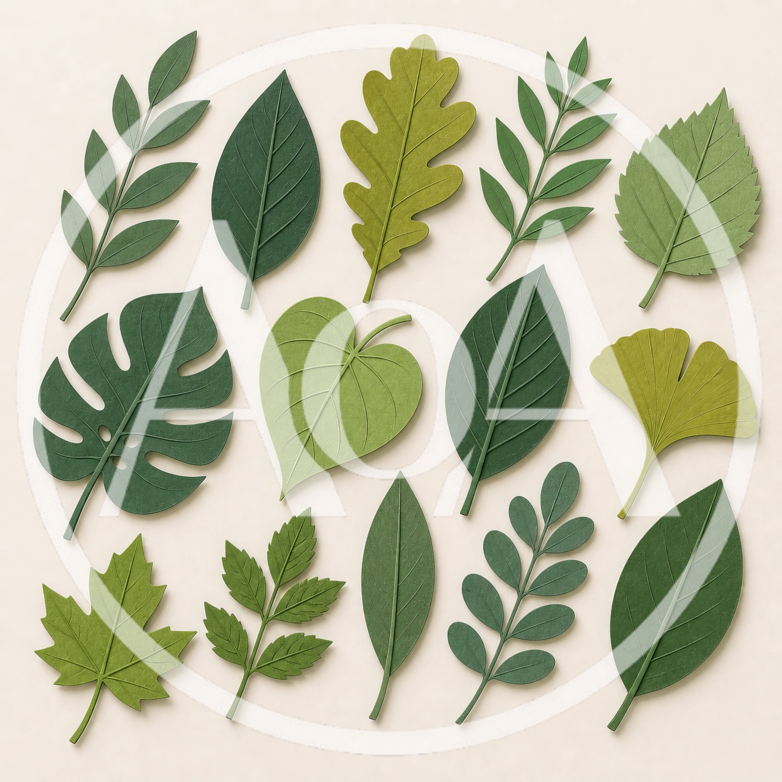 Collection of Various Green Botanical Leaf Illustrations