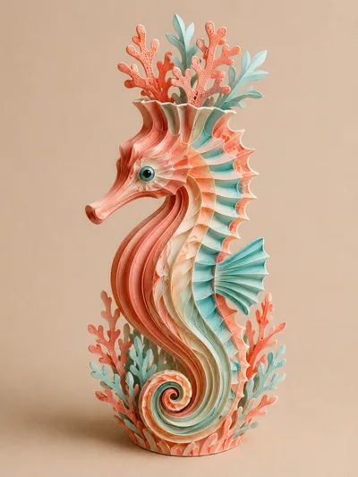 Paper Quilling Seahorse Sculpture With Coral Accents