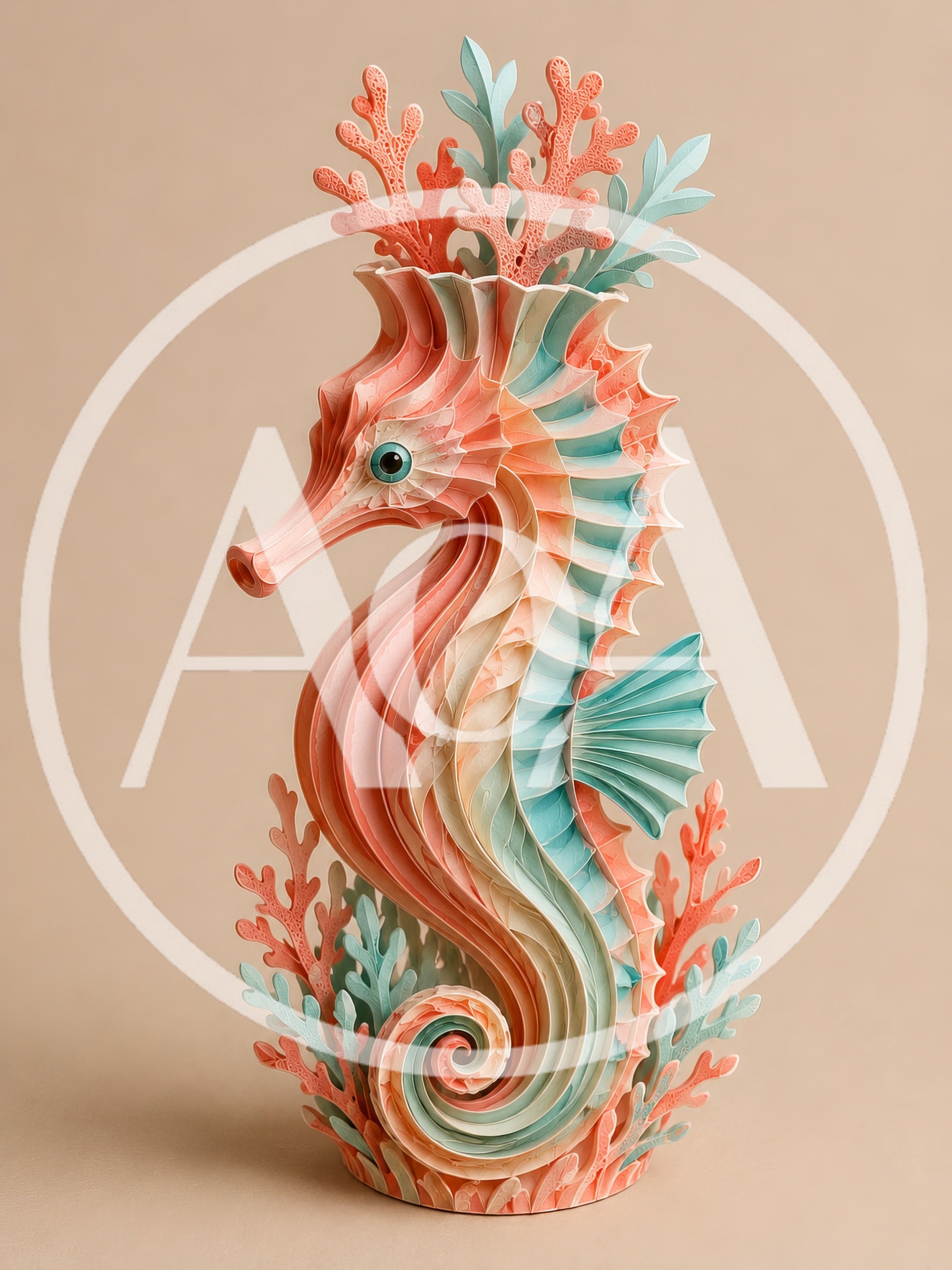 Paper Quilling Seahorse Sculpture With Coral Accents