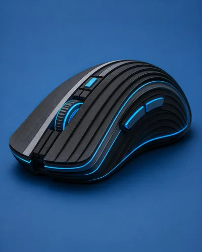 Futuristic Ergonomic Gaming Mouse on Blue Background