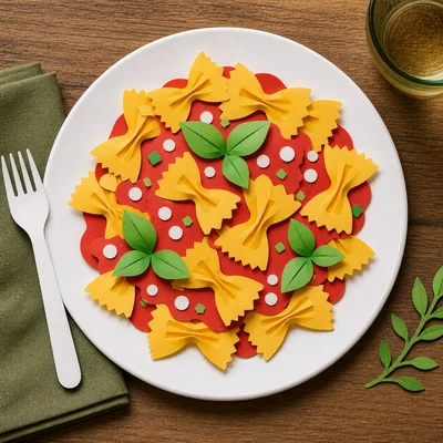 Paper Craft Farfalle Pasta Dish on Wooden Table