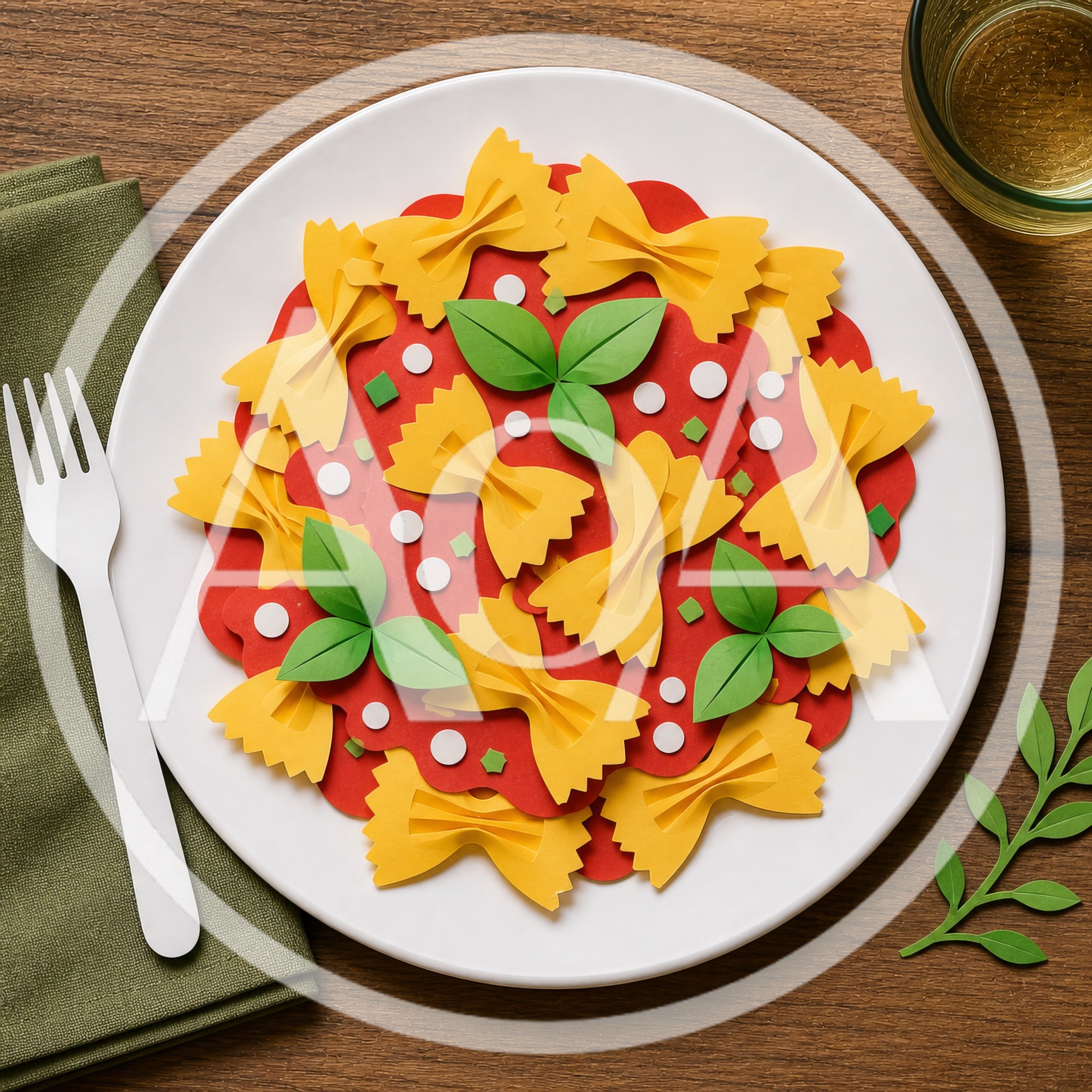 Paper Craft Farfalle Pasta Dish on Wooden Table