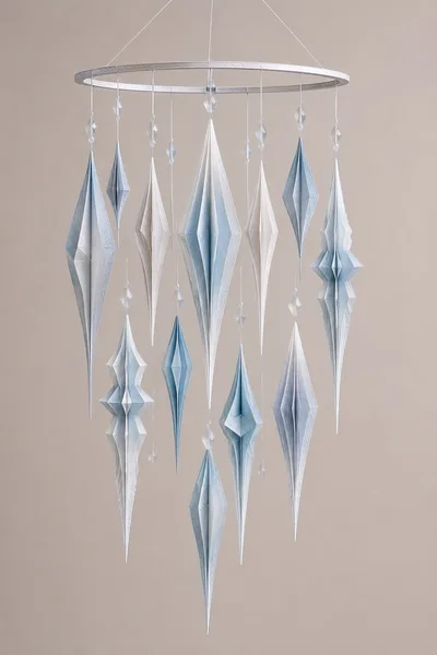 Hanging Paper Ornament Mobile With Blue And White Icicles