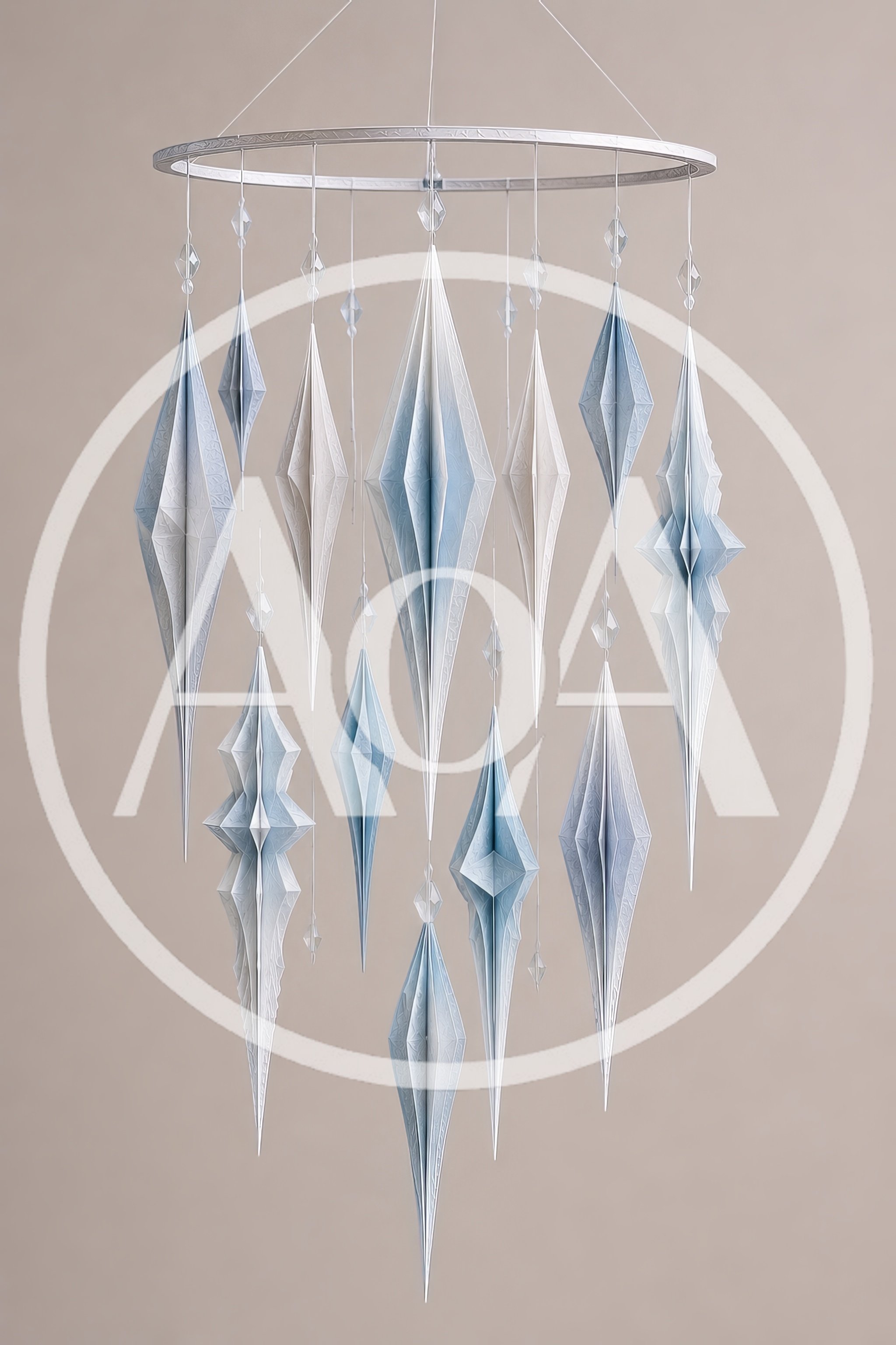 Hanging Paper Ornament Mobile With Blue And White Icicles