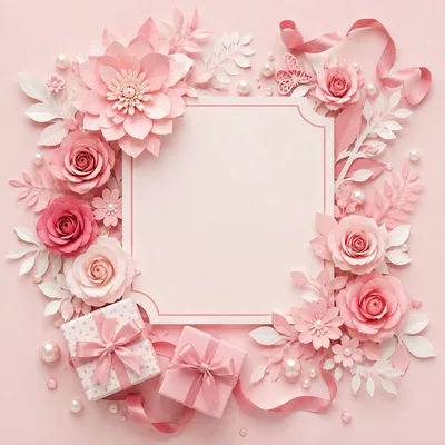 Pink Paper Flower Frame With Gift Boxes