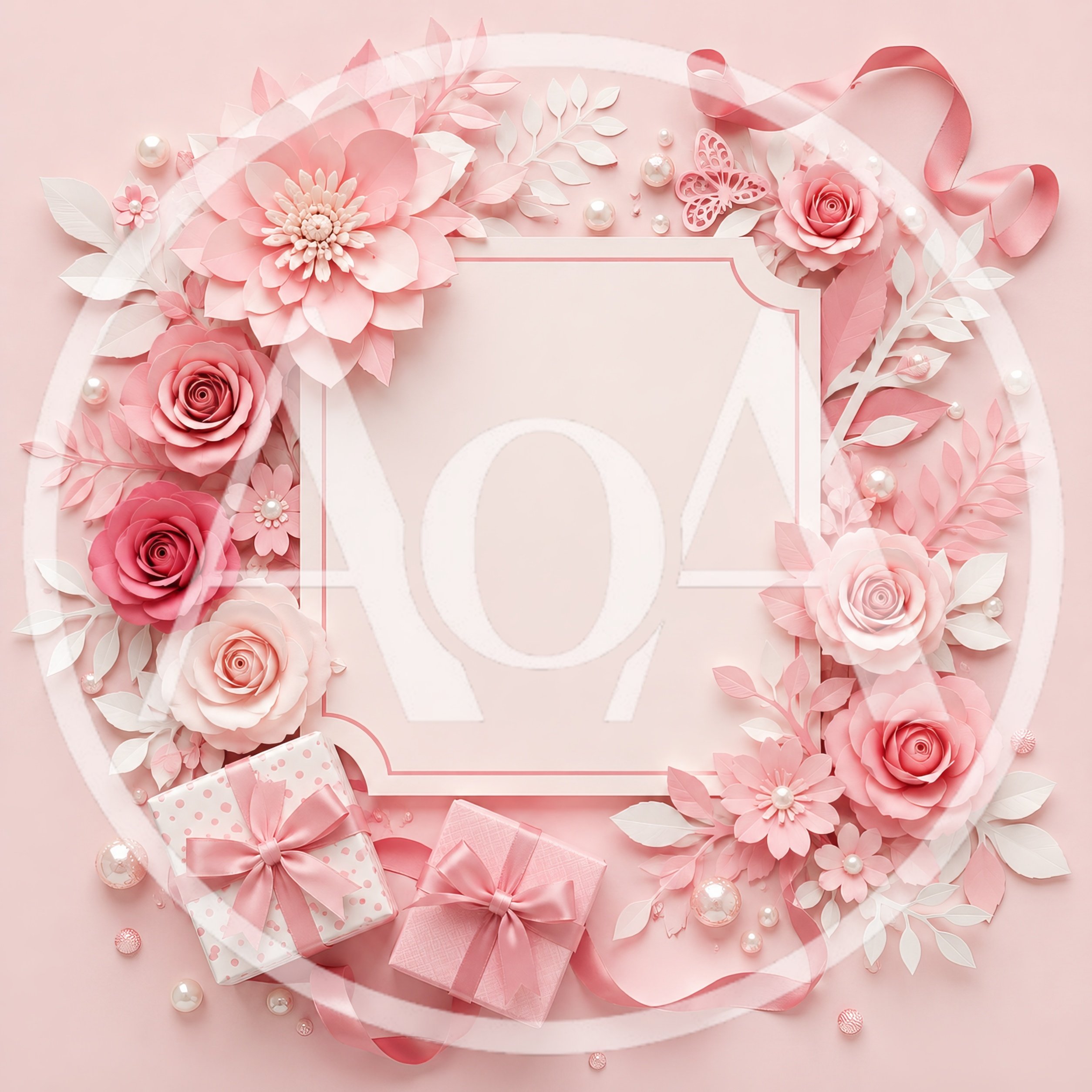 Pink Paper Flower Frame With Gift Boxes