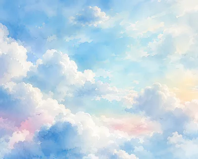 Dreamy Pastel Sky With Fluffy Clouds And Birds