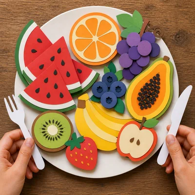 Paper Craft Fruit Platter With Hands Holding Cutlery