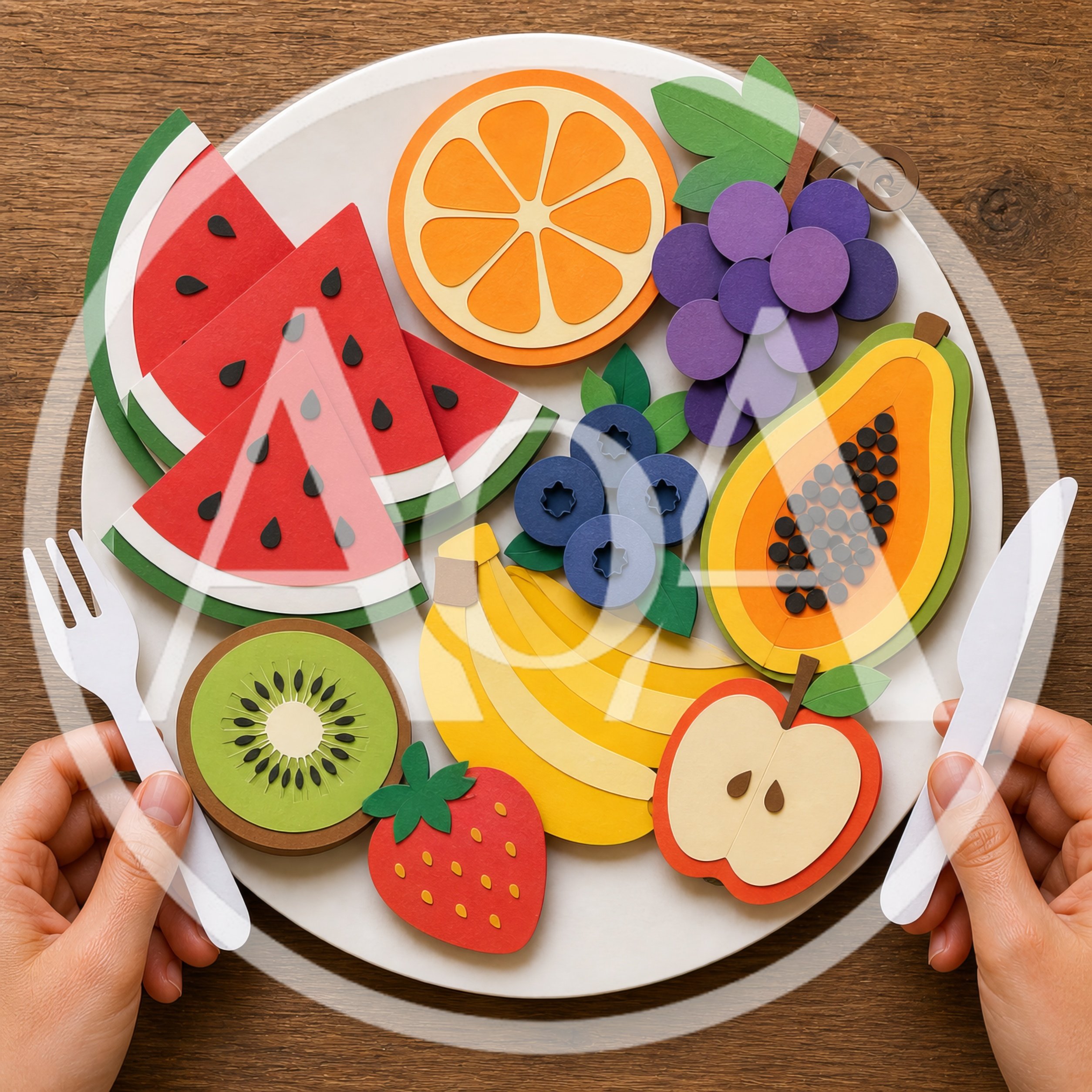 Paper Craft Fruit Platter With Hands Holding Cutlery
