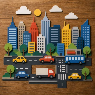 Paper Craft Cityscape With Cars And Buildings