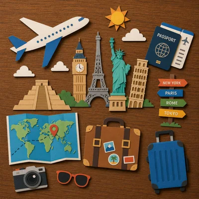 Paper Craft Travel Concept With Landmarks And Accessories