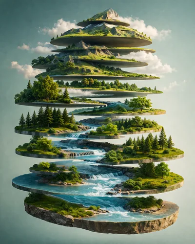 Surreal Floating Island Mountain Layers With Cascading Waterfalls