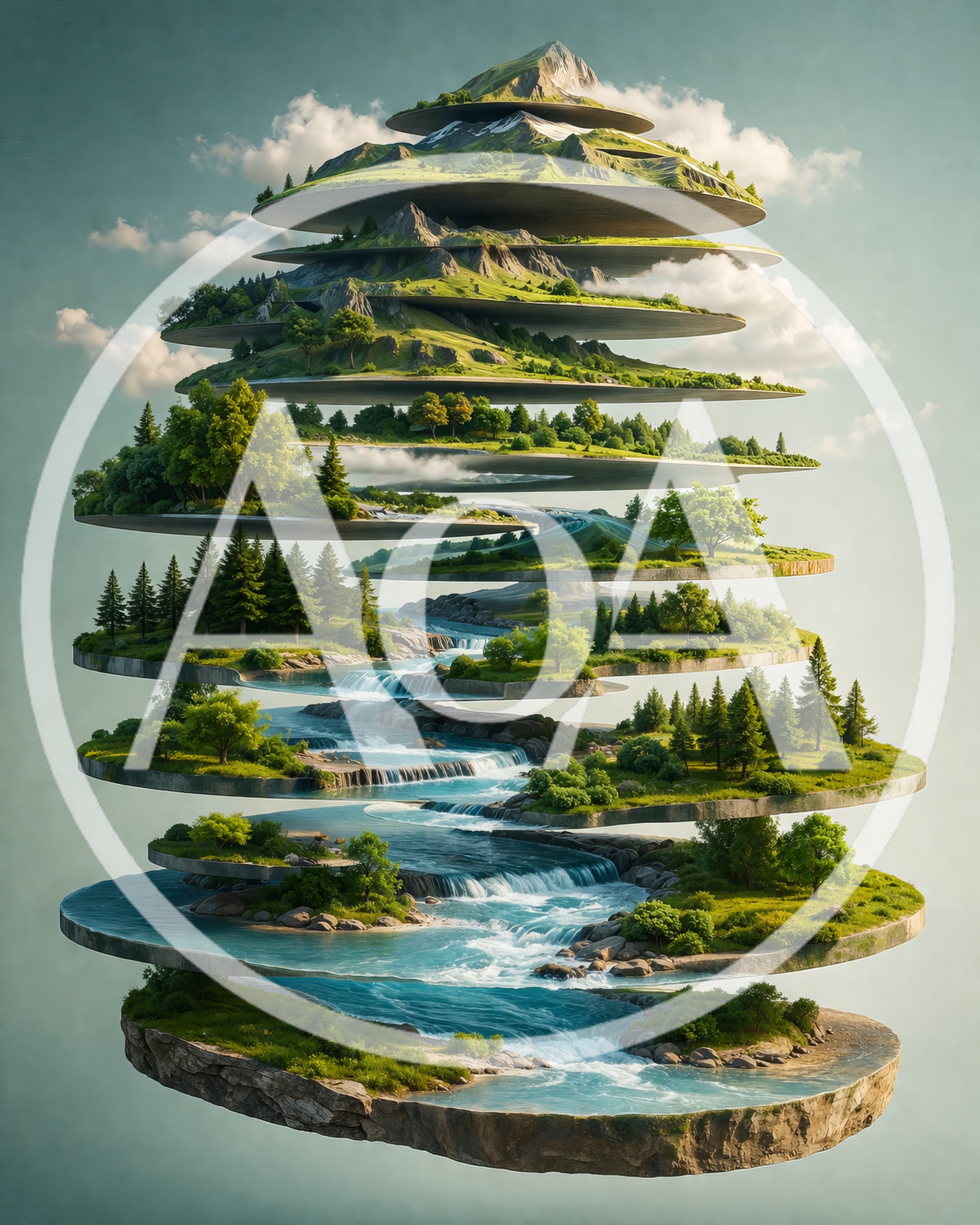 Surreal Floating Island Mountain Layers With Cascading Waterfalls