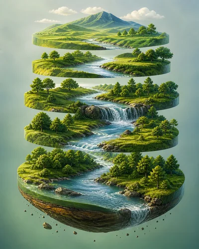 Surreal Floating Landscape Layers With Cascading River