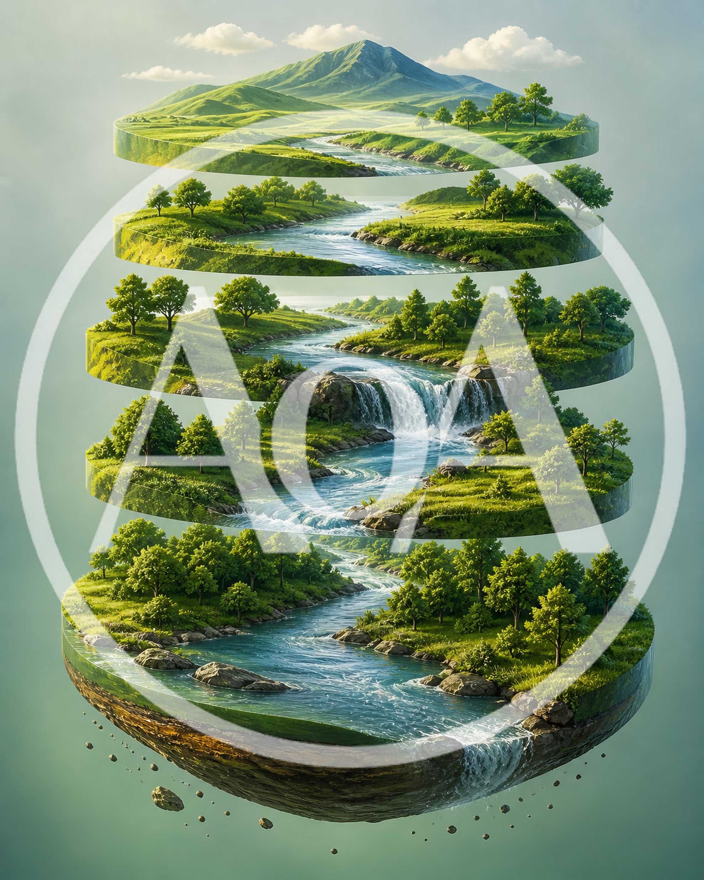 Surreal Floating Landscape Layers With Cascading River