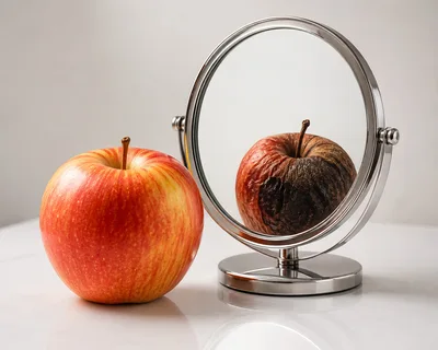 Fresh Apple Reflected As Rotten In A Mirror